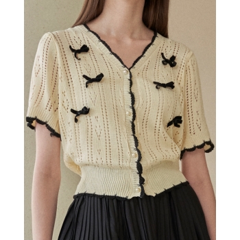 Áo cadigan đan tay ngắn dây buộc ruy băng